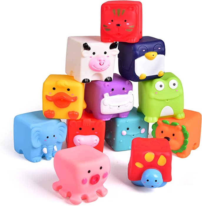 FUN LITTLE TOYS Soft Stacking Blocks for Baby, Soft Cube Bath Toys, Squeeze Water Toys Building Blocks for Kids, 12 Pieces