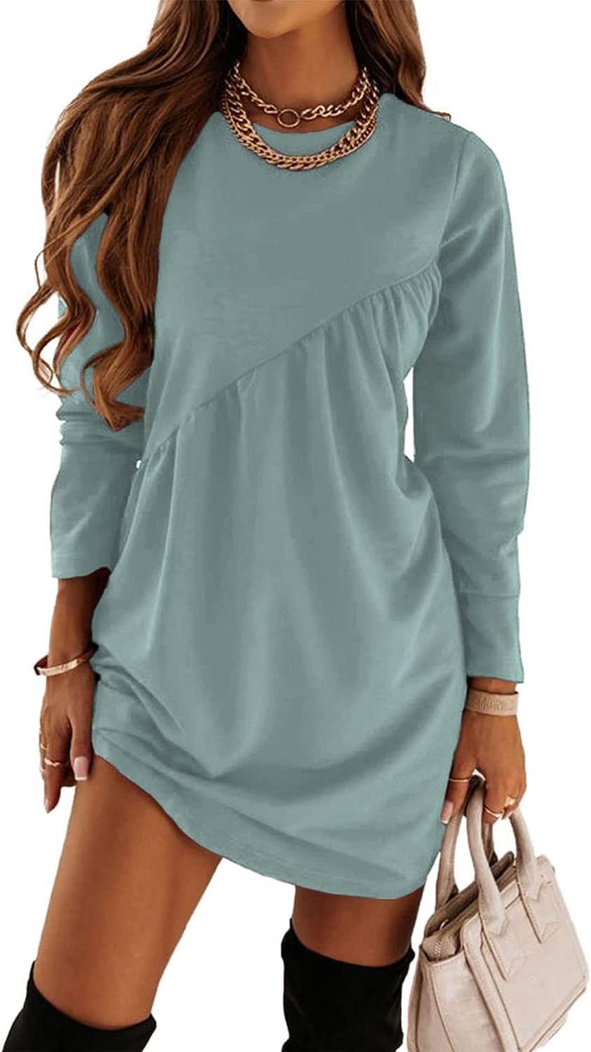 PRETTYGARDEN Women's Long Sleeve Mini Tunic Dress Casual Crewneck Loose Flowy Shift Ruched Dresses