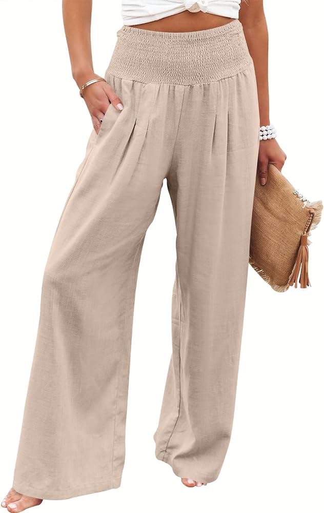 ANRABESS Women Linen Palazzo Pants Summer Boho Wide Leg High Waist Casual Lounge Pant 2024 Beach Travel Vacation Outfits