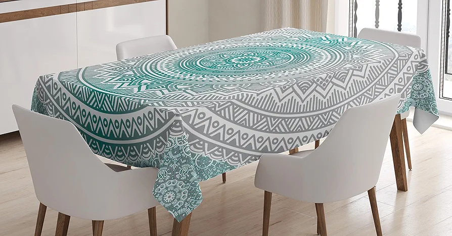 Ambesonne Grey and Teal Tablecloth, Mandala Ombre Design Space Geometric Center Point Boho Meditation Art, Dining Room Kitchen Rectangular Table Cover, 52" X 70", Grey Teal