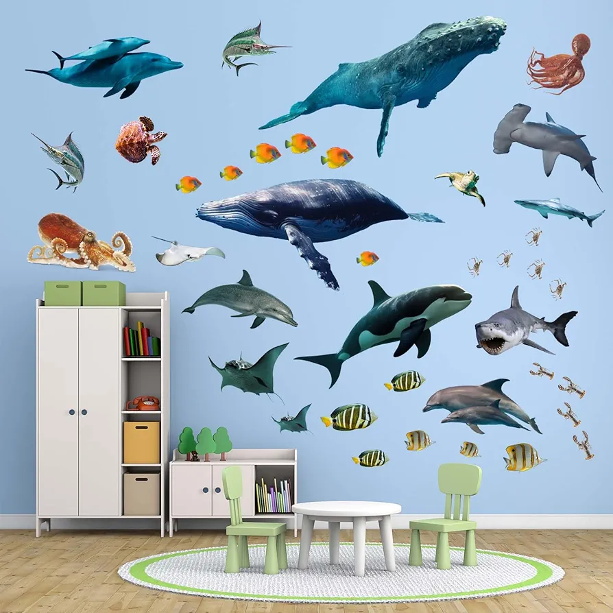 Under The Sea Fish Wall Stickers - Whale Shark Squid Ocean Animals Wall Decals - Baby Nursery Kids Boy Girls Room Bedroom Bathroom Daycare Playroom Classroom Wall Decor