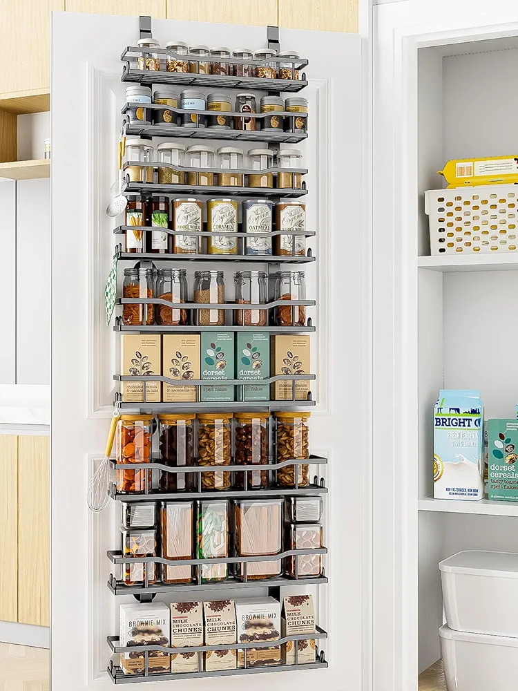 Over The Door Pantry Organizer Rack, 9-Tier Metal Pantry Organization And Storage with Adjustable Baskets, Hanging Spice Rack for Home & Kitchen Laundry Room Bathroom (9 Tier Black)