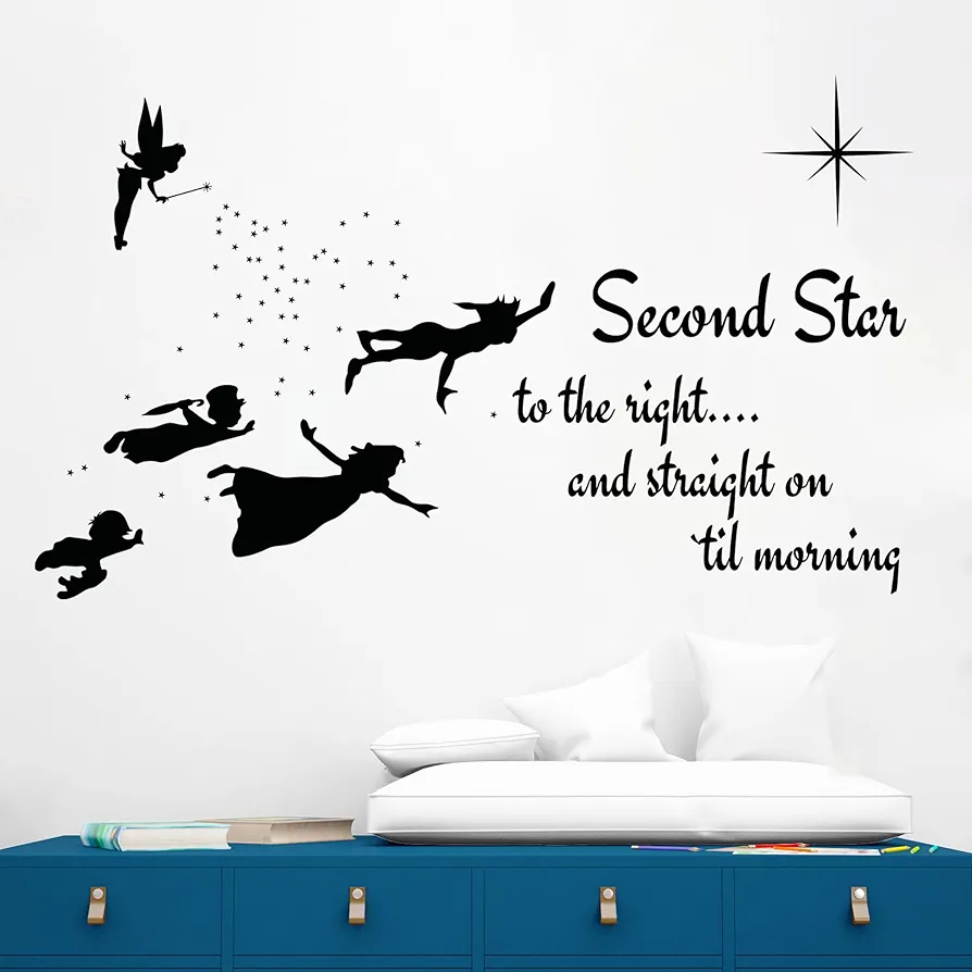 Second Star to The Right - Peter Pan Tinkerbell Wendy & Kids - Baby Girl Boy Unisex Room - Mural Wall Decal Sticker for Home Car Laptop (Wide 30" x 18" Height)