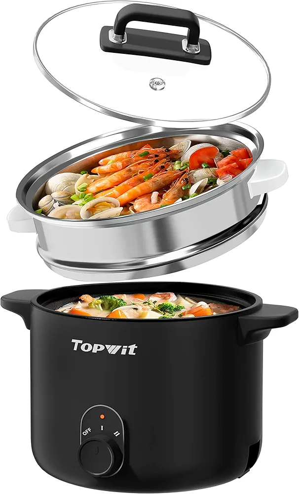 Topwit Electric Pot with Steamer, 1.5L Non-stick Ramen Cooker, Hot Pot Electric, Electric Pot for Cooking Pasta, Noodles, Steak, Egg, Portable Pot with Dual Power Control, Dorm Room Essentials, Black…