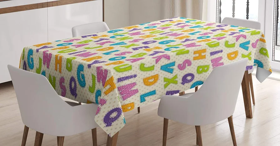 Ambesonne ABC Tablecloth, Funny Letters in Lively Colors Cartoon Style ABC Alphabet on Polka Dots Backdrop, Rectangular Table Cover for Dining Room Kitchen Decor, 60" X 90", Cream Green