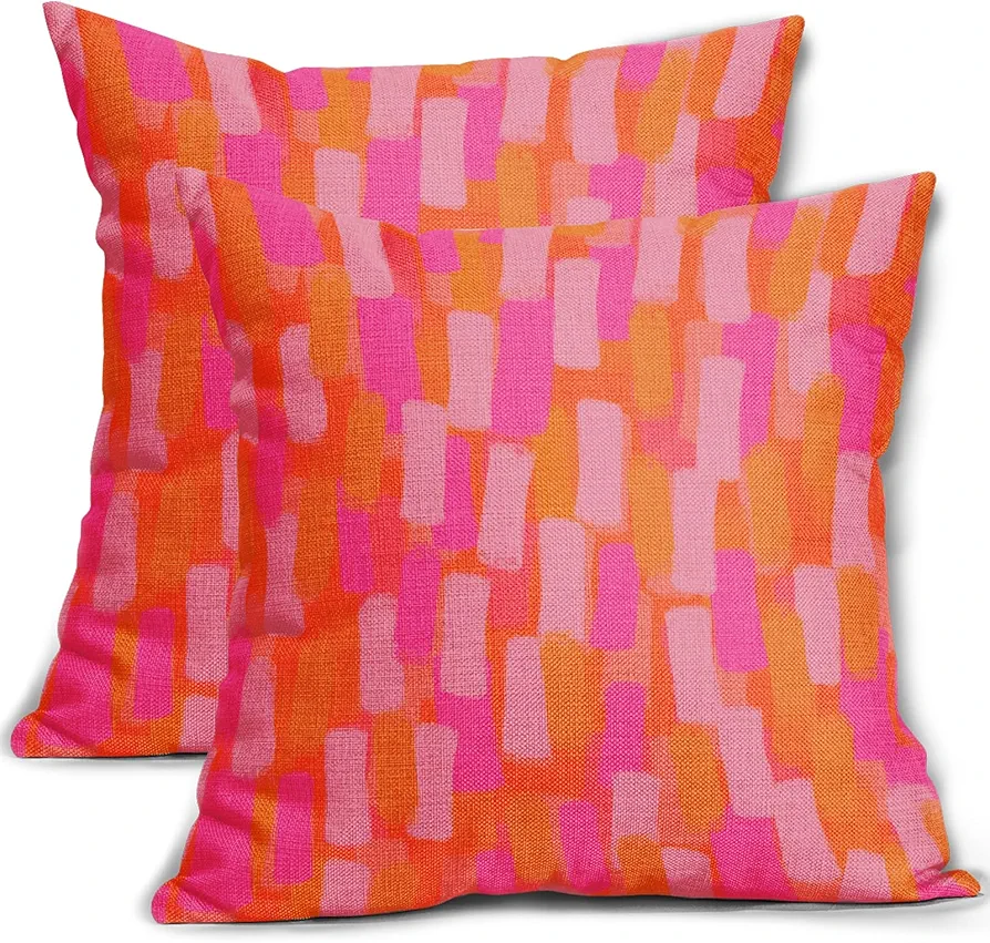 Pink and Orange Throw pillow Covers 18x18 Hot Pink Retro 70s Paint Brush Decorative Pillows Outdoor Modern Abstract Aesthetic Linen Farmhouse Cushion Case Pillowcase for Sofa Bed Room Decor Set of 2