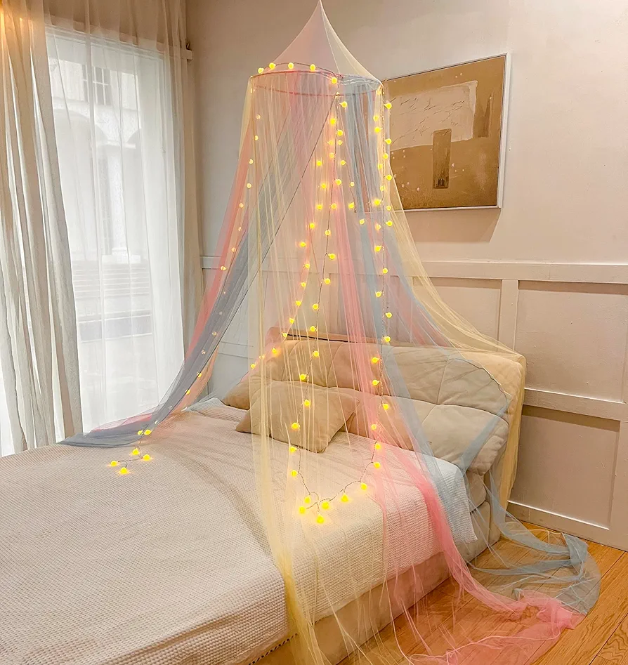 Mosquito Net Bed Canopy for Girls,Rainbow Canopy with LED Lights Bed Curtains Full Queen Size from Ceiling,Dome Mosquito Netting Bed Tent Twin Girls Princess Canopy King Bed Decor