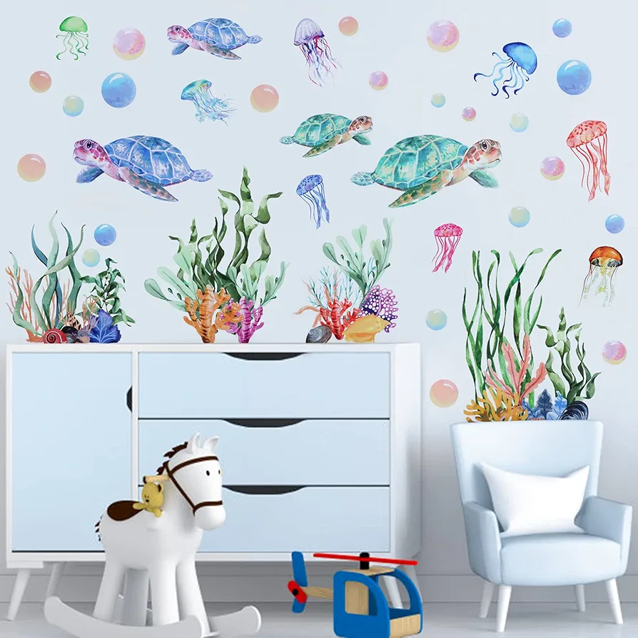 Under The Sea Wall Decals Sea Turtle Seaweed Wall Stickers Kalolary 3D Under The Sea Coral Reef Ocean Grass Bubbles Wall Decals Wall Decoration for Wall Corner Nursery Room Children Bedroom Bathroom