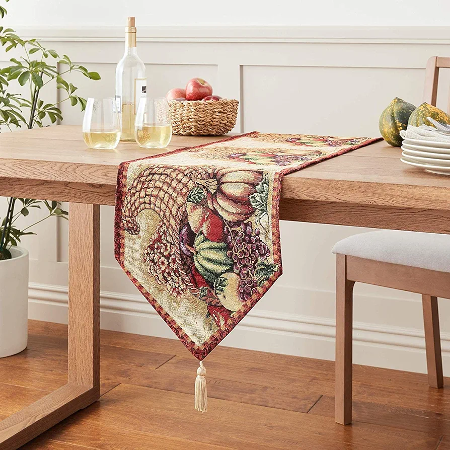 Fall Harvest Collection - Tapestry Cornucopia with Pumpkins and Fruits Design - 13" X 70" Table Runner