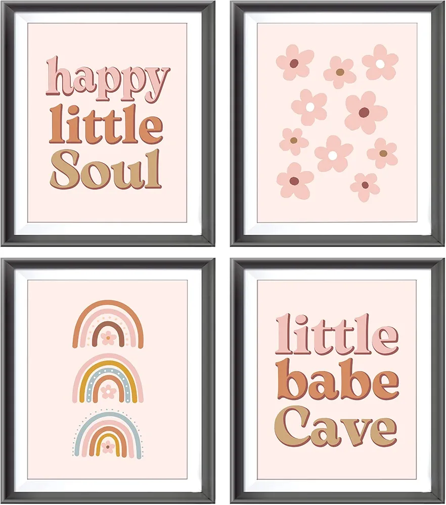 Little Babe Cave Happy Little Soul Boho Nursery Poster Prints for Kids Baby Girls Room Playroom Nursery Decor,Bohemia Rainbow Flowers Decorations Prints Wall Art Unframed 4pcs 8x10 Inches