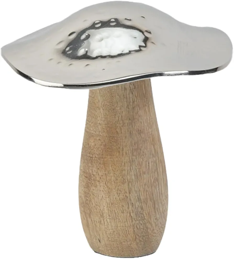 Serene Spaces Living Small Mushroom Table Decoration, 5.5-Inch Wood and Hammered Silver Metal Mushroom Sculpture Decor, Wooden Figurine for Home Decor, Table, Office, Shelf, Room Decoration