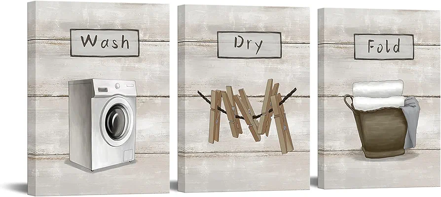 OuElegent 3 Piece Laundry Room Canvas Wall Art Wash Dry Fold Laundry Signs Poster Picture Vintage Country Farmhouse Wall Decor Bathroom Prints Framed Ready to Hang