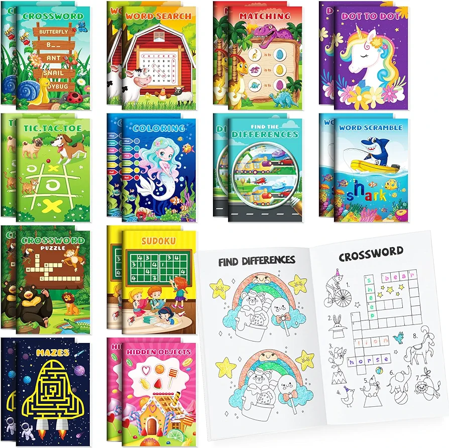 BenLouis 24 Mini Activity Books for Kids Party Favors Mini Games Puzzle Books Bulk Include Mazes Dot to Dot Word Search and More for Birthday Goodie Bags Gift Stuffer Classroom Travel Activity