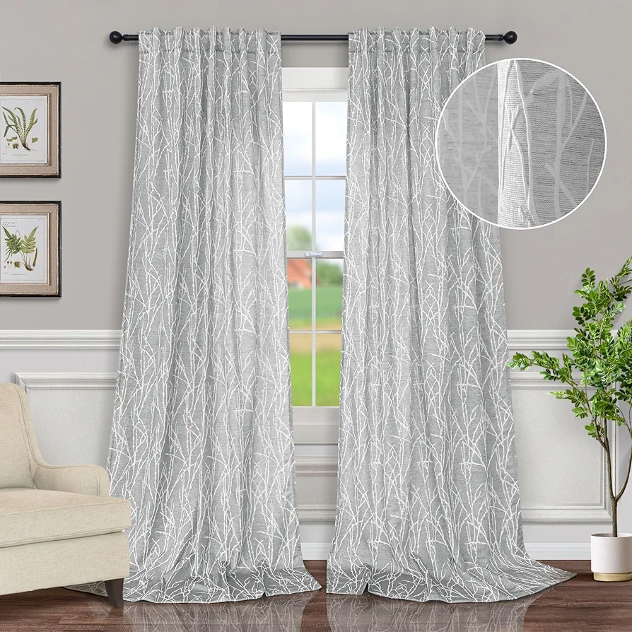 Silver Grey and White Curtains 96 Inches Long for Living Room Dining 2 Panel Back Tab Loop Pocket Decorative Drape Forest Branch Nature Design Light Filtering Gray Sheer Curtain Neutral Farmhouse 8 FT