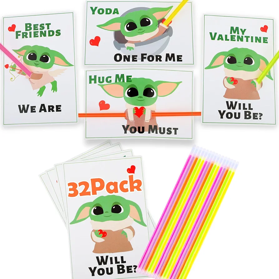 Valentines Day Gifts for Kids - 32 Valentines Mandalorian Baby Yo-da Grogu Card Bulk with Glow Sticks - Valentines Exchange Cards for Kids Toddlers Boys Classroom School Class