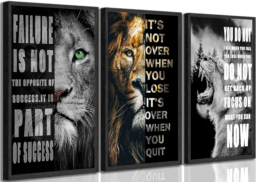 3 Pcs Office Inspirational Canvas Wall Art Modern Motivational Quotes Black And White Lion Pictures Wall Decor Inspiring Poster Print Artwork for Living room Man Room Bedroom Home Decoration Unframed