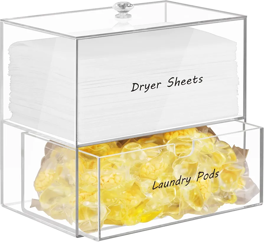 Dryer Sheet Holder, Dispenser, Acrylic Dryer Sheet Container Box for Laundry Room Organization, Storage Dryer and Fabric Sheet, Dryer Balls, Clothes Pins, Laundry Pods