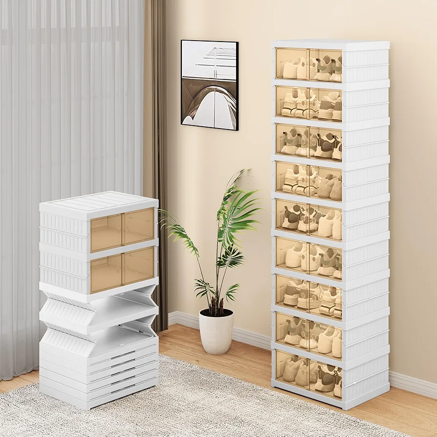 YITAHOME 9 Tiers-18 Pairs Easy Assembly Shoe Organizer Storage Box for Closet, Foldable Shoe Rack with Magnetic Doors, Collapsible Sneaker Cabinet for Entryway, Living Room, Bedroom (White)