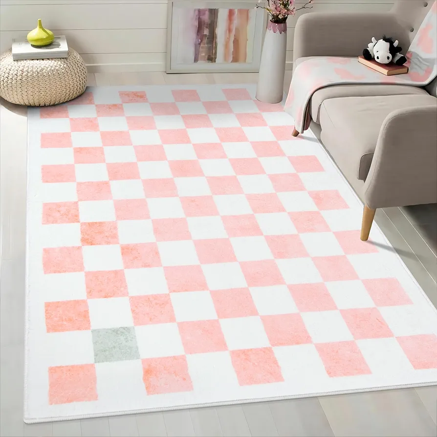 Wonnitar Checkered Pink Rug for Girls Bedroom, Washable 3x5 Rug,Non-Slip Kids Room Rug Nursery Throw Mat, Boho Retro Small Non-Shedding Low Pile Carpet for Living Room Dorm Playroom (Pink,3'x5')