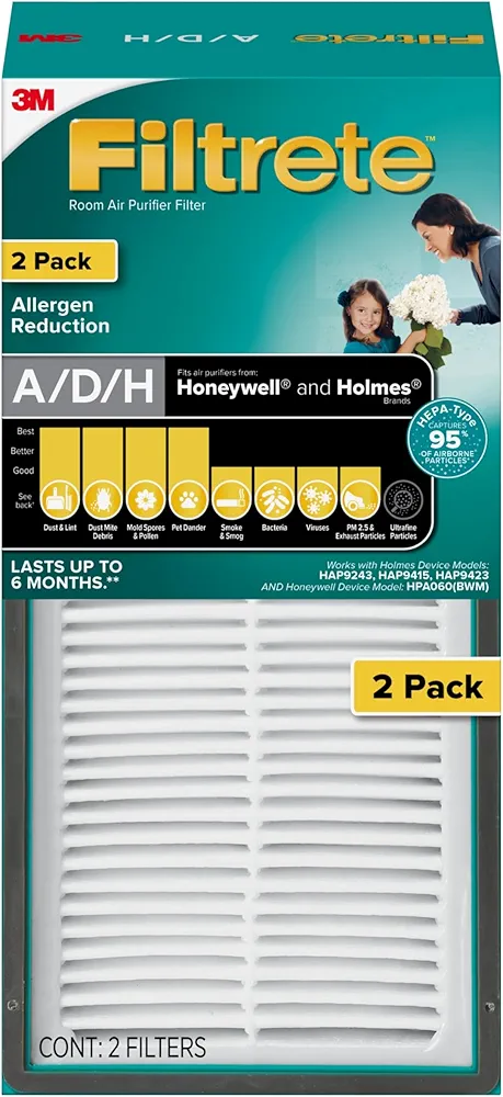 Filtrete Allergen Reduction True HEPA Room Air Purifier Filter, 2 Pack, Size 9.96 in. x 4.69 in., Works with Filtrete FAP-TT-ADH device