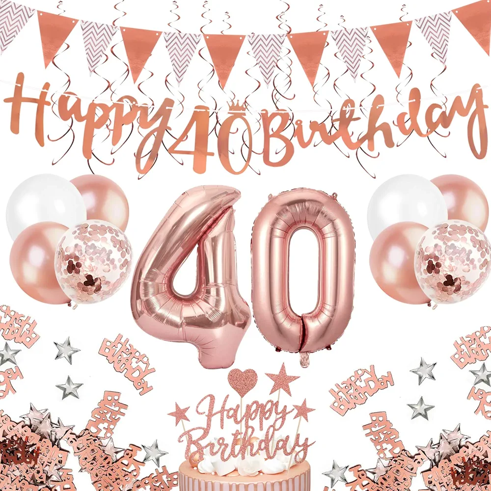 MOVINPE 40th Rose Gold Birthday Decorations, 40th Happy Birthday Banner Pennant Flags 6pcs Hanging Swirl, Number 40 Foil Balloons 8pcs Latex Balloons Cake Toppers Table Confetti for Women