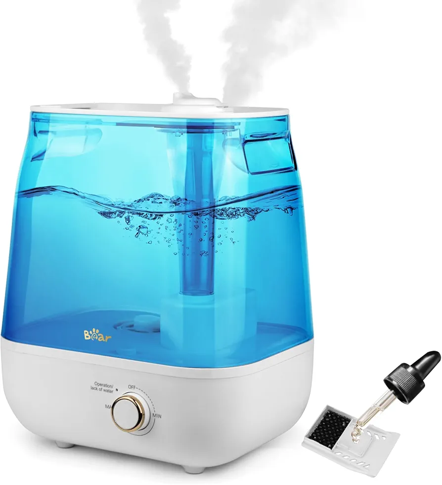 Bear Humidifiers for Bedroom Large Room, Top Fill 6L Super Powerful Cool Mist Humidifier with Dual 360° Nozzles & Oil Diffuser, Rapid Humidification, Quiet Humidifiers for Baby Nursery & Plants, 24H