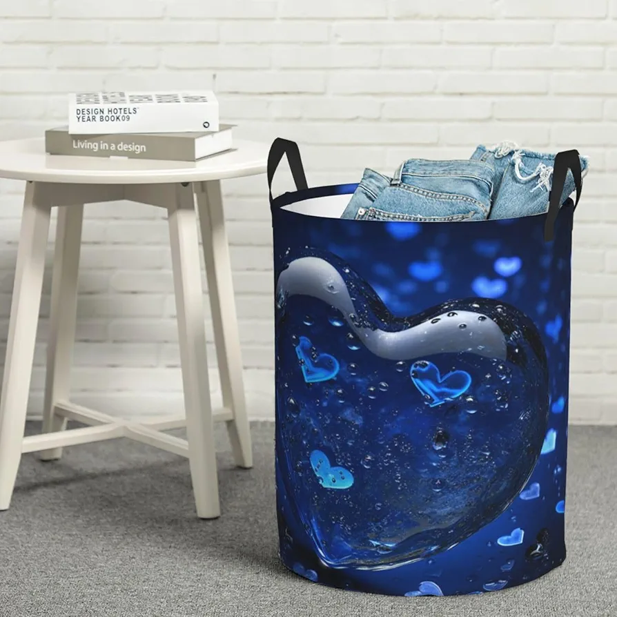 Laundry Basket Waterproof Laundry Hamper With Handles Dirty Clothes Organizer Blue Heart Print Protable Foldable Storage Bin Bag For Living Room Bedroom Playroom, Small, Black