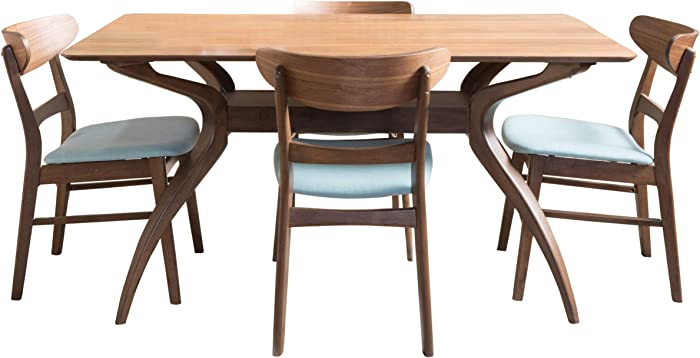 Christopher Knight Home Idalia Curved Leg Rectangular Dining Set, 5-Pcs Set, Natural Walnut / Mint