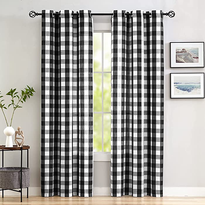 Jubilantex 2 Pieces Buffalo Check Semi Sheer Curtain Panels Black and White Plaid Textured Curtains Drapery, Farmhouse Grommet Window Drapes for Living Room Bedroom, 40''x95''