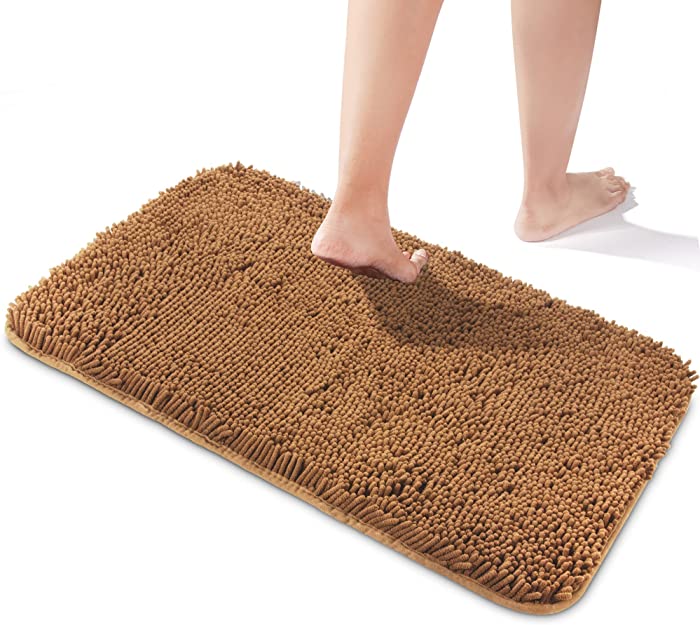 Yeaban Bathroom Rugs Chenille Bath Mat Absorbent Washable Non-Slip Bath Rugs for Shower Tub Toilet Sink Floor Carpet (Khaki, 24" x 17")