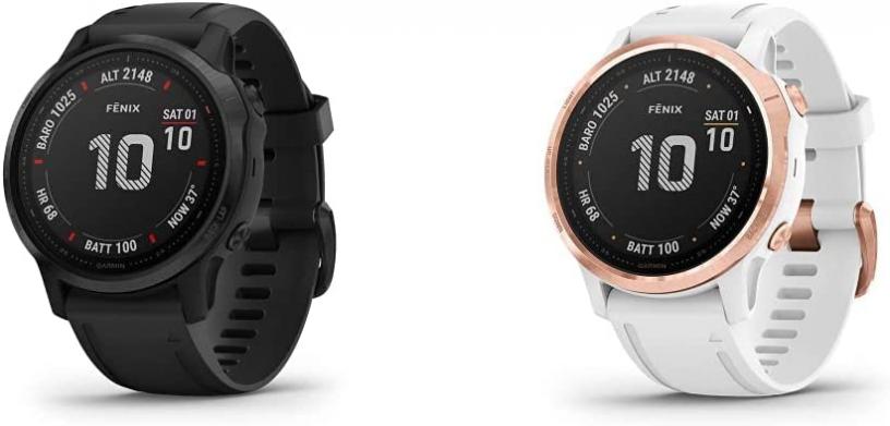 Garmin Fenix 6S Pro, Premium Multisport GPS Watch, Smaller-Sized, Features Mapping, Music, Black & Fenix 6S Pro, Premium Multisport GPS Watch, Smaller-Sized, Rose Gold with White Band