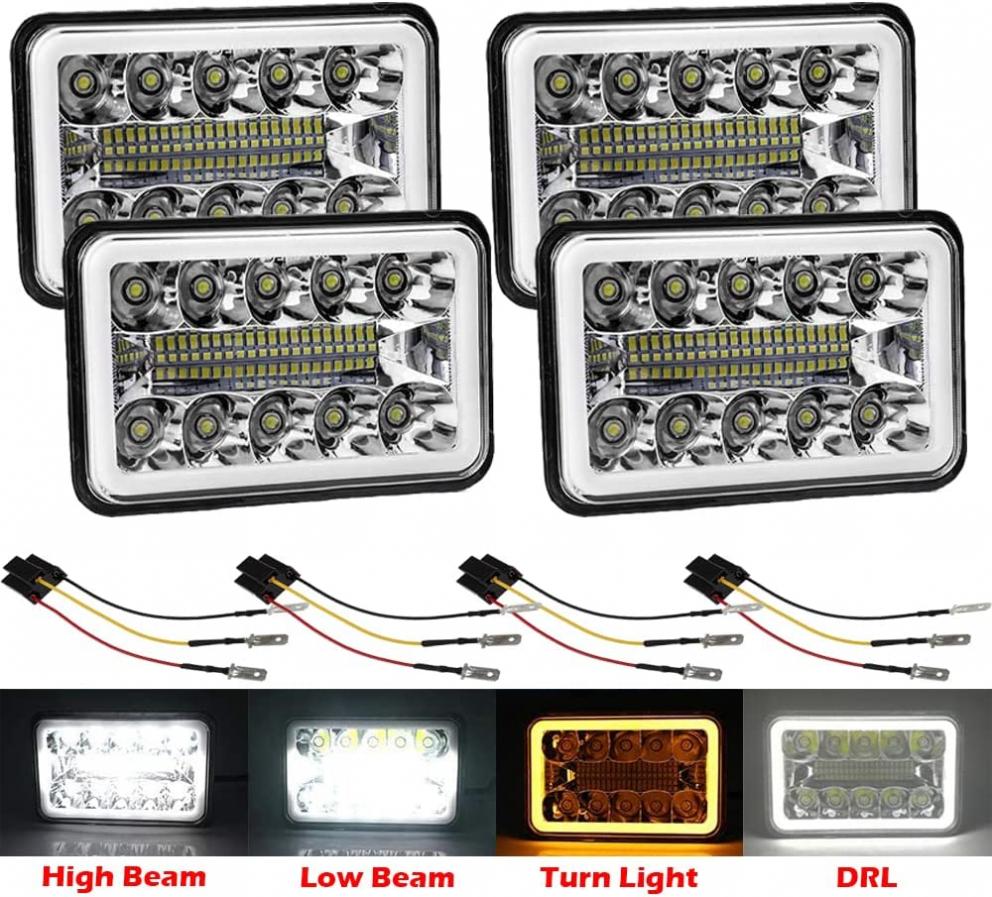 AMUNIESUN 4 PCS DOT Approved 4x6" Inch LED Halo Headlights Replacement H4651 H4652 H4656 H4666 H6545 Fit For Peterbilt Kenworth Freightinger Ford Probe