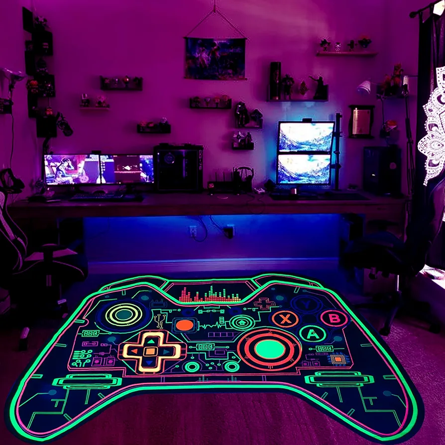 Gaming Rug Teen Boys Carpet Glow in The Blacklight Gamer Rug for Boys Room Playroom Non-Slip Area Rug Kids Boys Girls Game Room Casual Mat (60"x39")