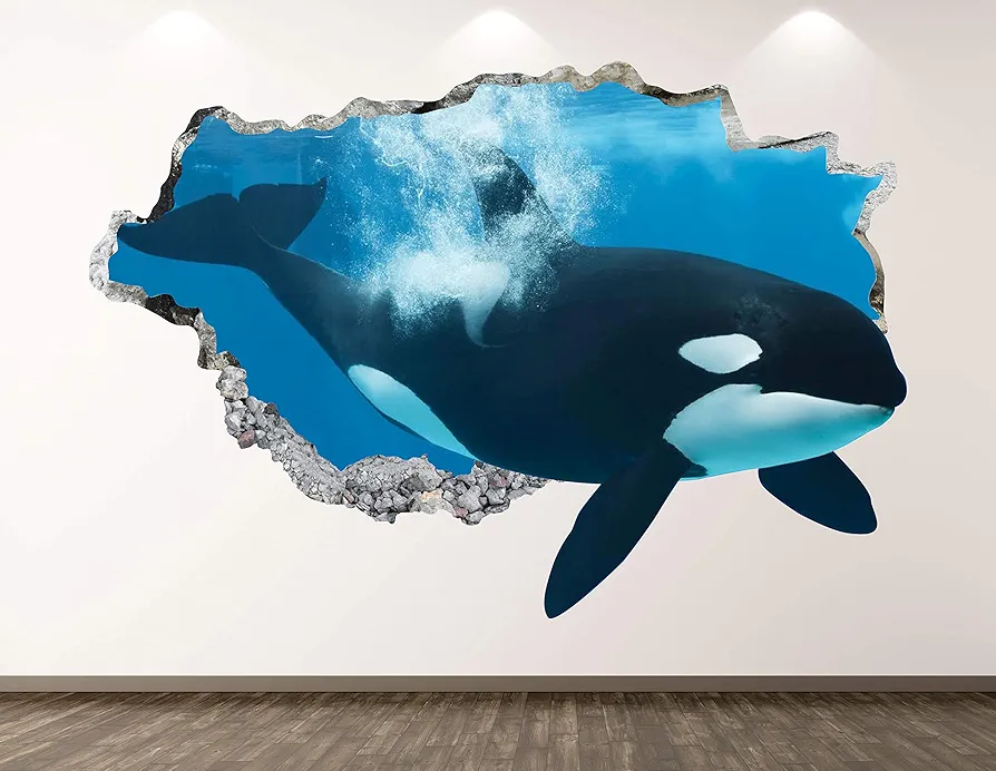 Orca Wall Decal Art Decor 3D Smashed Ocean Killer Whale Animal Sticker Mural Kids Room Custom Gift BL69 (22"W x 14"H)