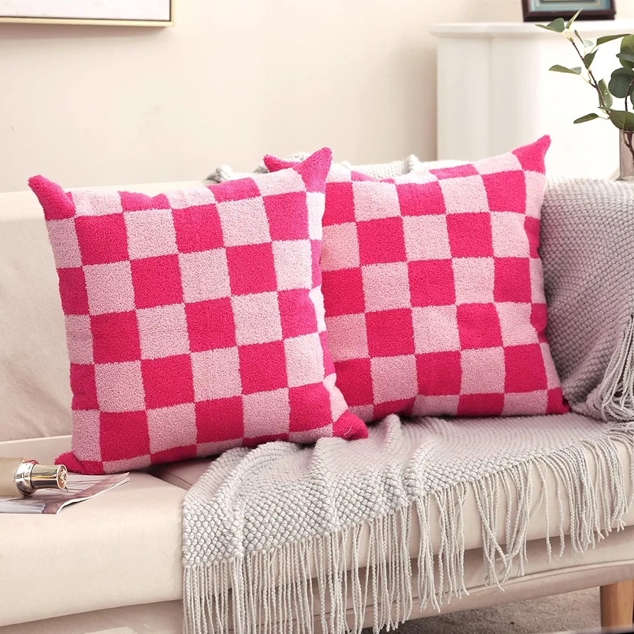 Checkered Embroidered Decorative Throw Pillow Covers 18"x 18" Set of 2, Farmhouse Cottage Hot Pink Plaid Tufted Patterned Cotton Canvas Cushion Case for Sofa Couch Bed Living Room