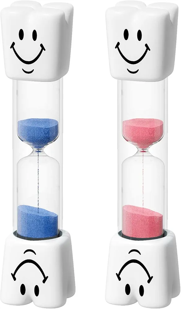 SuLiao 2 Minute Toothbrush Sand Timer for Kids, Small Blue and Pink Smiley Acrylic Hourglass Sand Clock Set, Plastic Glass Mini Sandglass for Classroom Games Kitchen (Pack of 2)