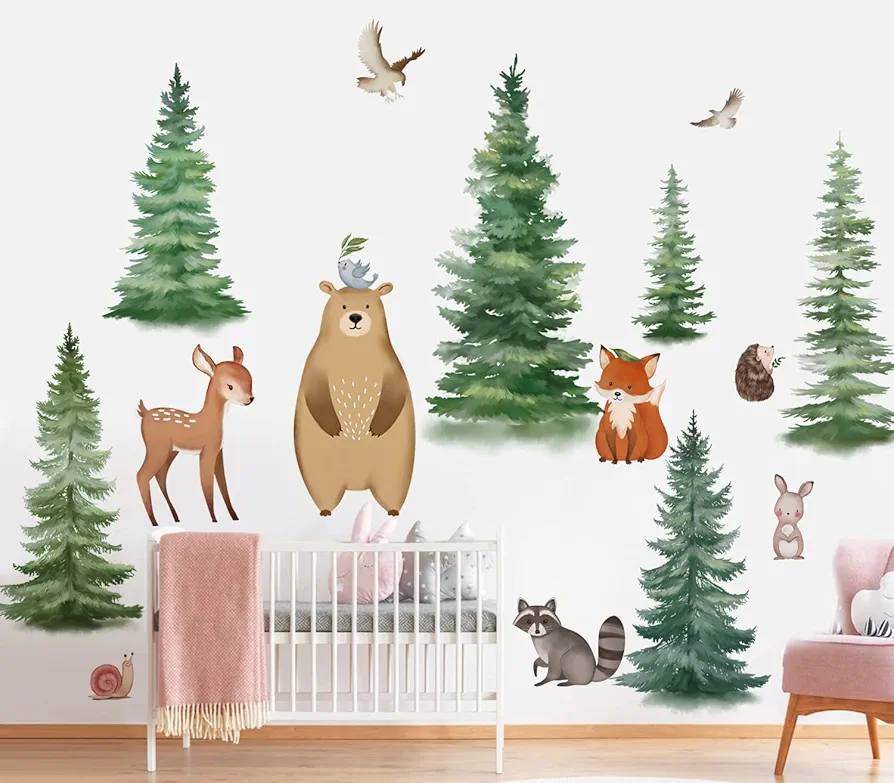 decalmile Woddland Animal Wall Decal Bundle with Large Forest Pine Tree Wall Stickers Baby Nursery Kids Bedroom Playroom Classroom Wall Decor