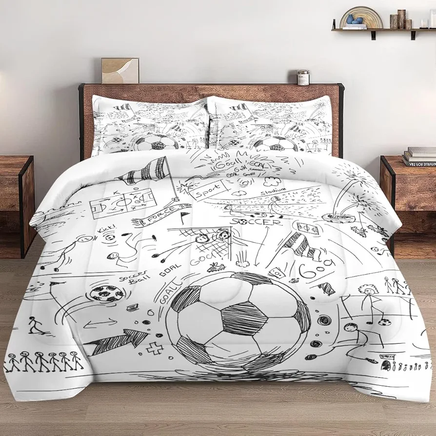 Full Size Comforter Set with 2 Pillowcases, Game Painting Ball Cup Soccer Soft Bedding Set for Kids and Adults Bedroom Bed Decor