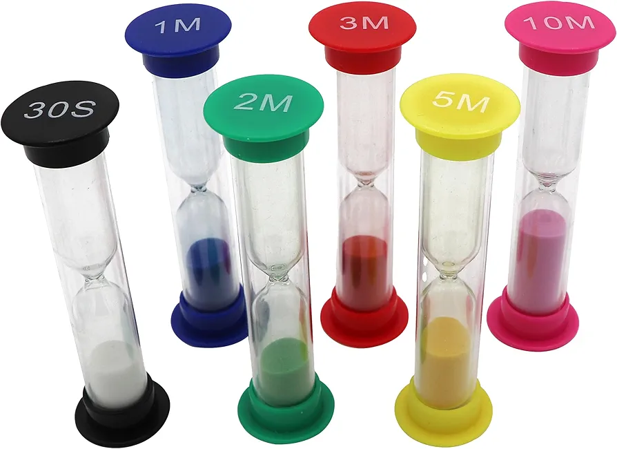 Sand Timer for Kids Set of 6 Small Colorful Hour Glass Acrylic Covered Clock 30Sec 1Min 2Min 3Min 5Min 10Min for Classroom, Home & Kids Room