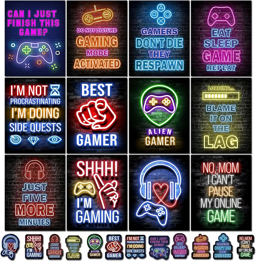 LIDECOR 24 PCS, Neon Gaming Posters, Gaming Room Decor Teen Boys, Gamer Room Decor for Boys, Game Room Accessories, Gift for Game Lovers, No Frame(8 X 10 INCHES)