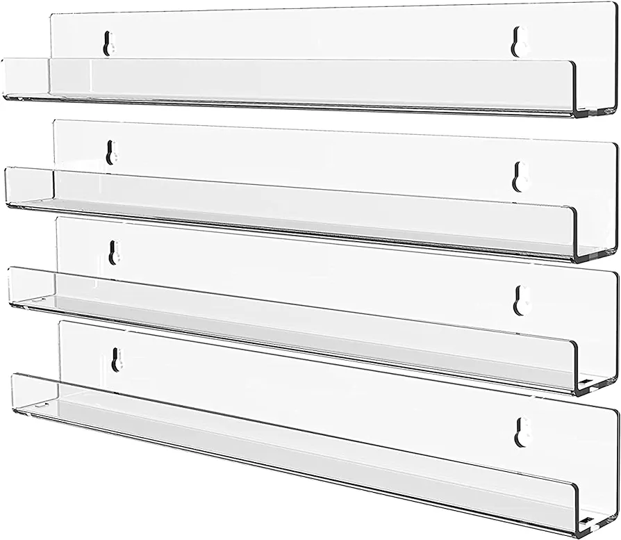 Cq acrylic 4 Pack Acrylic Clear Floating Bookshelf for Kids Room,15" Invisible Wall Mounted Hanging Book Shelves,U Modern Picture Ledge Display Toy Storage Vinyl Record Wall Shelf,Clear