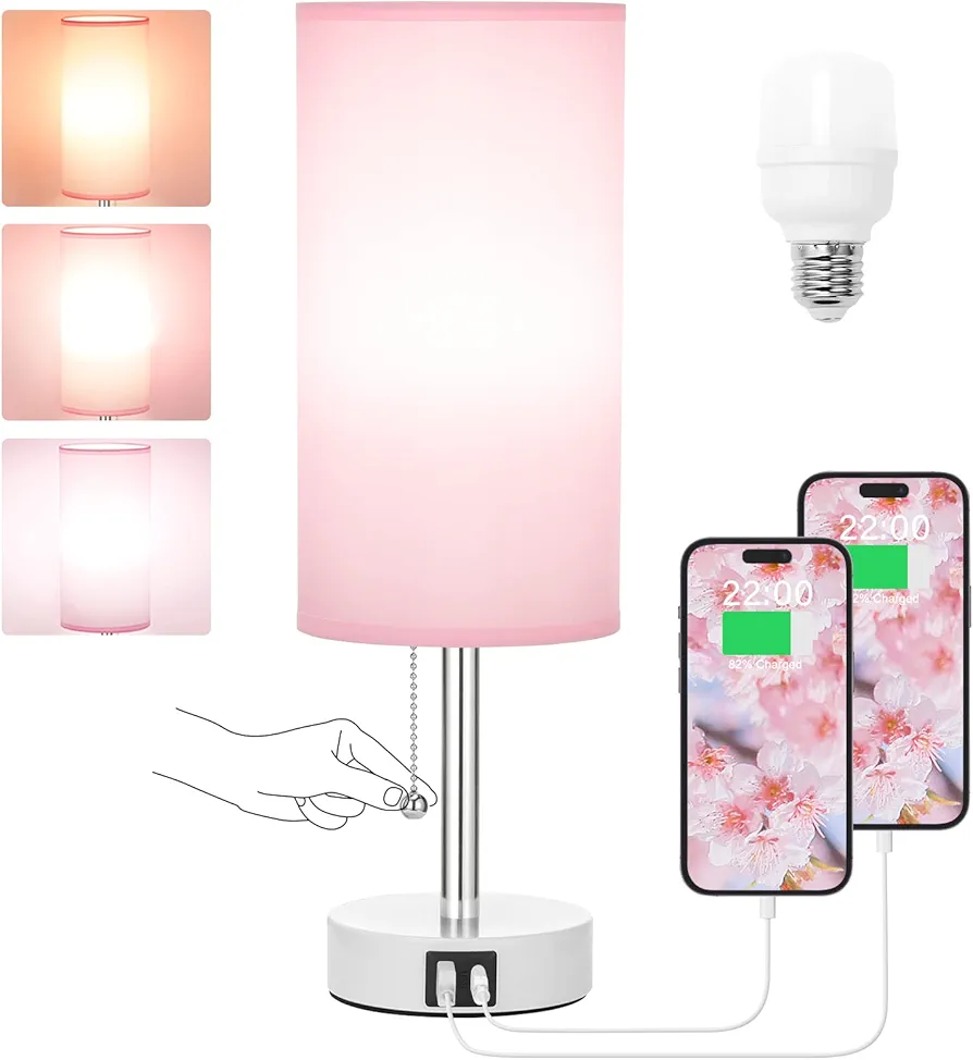 Hong-in Pink Lamp for Girls Bedroom,Nightstand Lamp with 3 Color Modes-Small Bedside Lamp with USB-C+A Charging Ports, Pull Chain Bedroom Table Lamp for Bedroom, Office, Kids Room(Bulb Included)