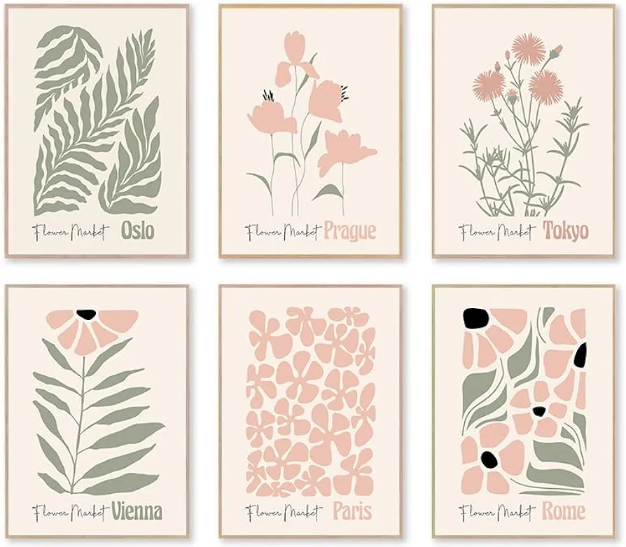 Flower Market Posters, Boho Botanical Floral Wall Art Prints Blush Pink and Sage Green Aesthetic Bedroom Decor Canvas Artwork Painting, Abstract Minimalist Wall Decor Pink Room Decor for Boho Room,