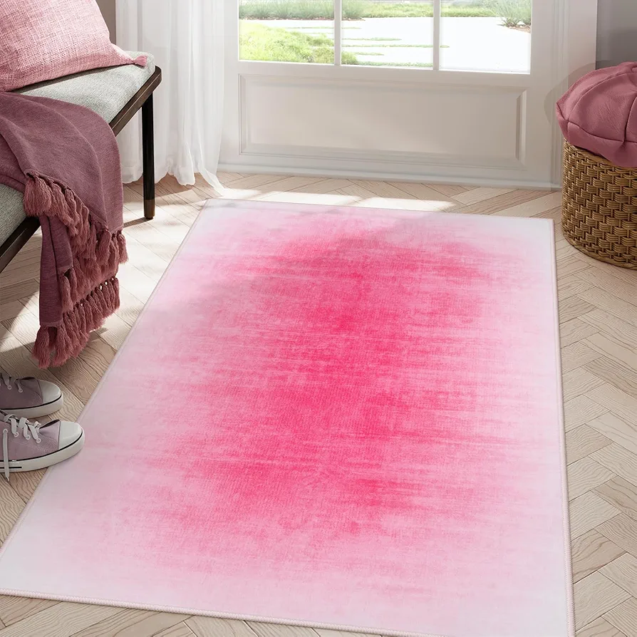 Collive Washable Area Rug 3x5, Hot Pink Rugs for Bedroom Girls Modern Ombre Non Slip Nursery Rug, Soft Cute Baby Kids Room Rugs for Bedside, Playroom, Dorm Decor