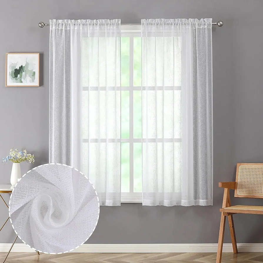 Dianna White Sheer Curtains 54 Inch Length 2 Panels, Faux Linen Slub Textured Soft Breathable Rod Pocket Light Filtering Curtain for Living Room Bedroom Kitchen, Each 30Wx54L Inch