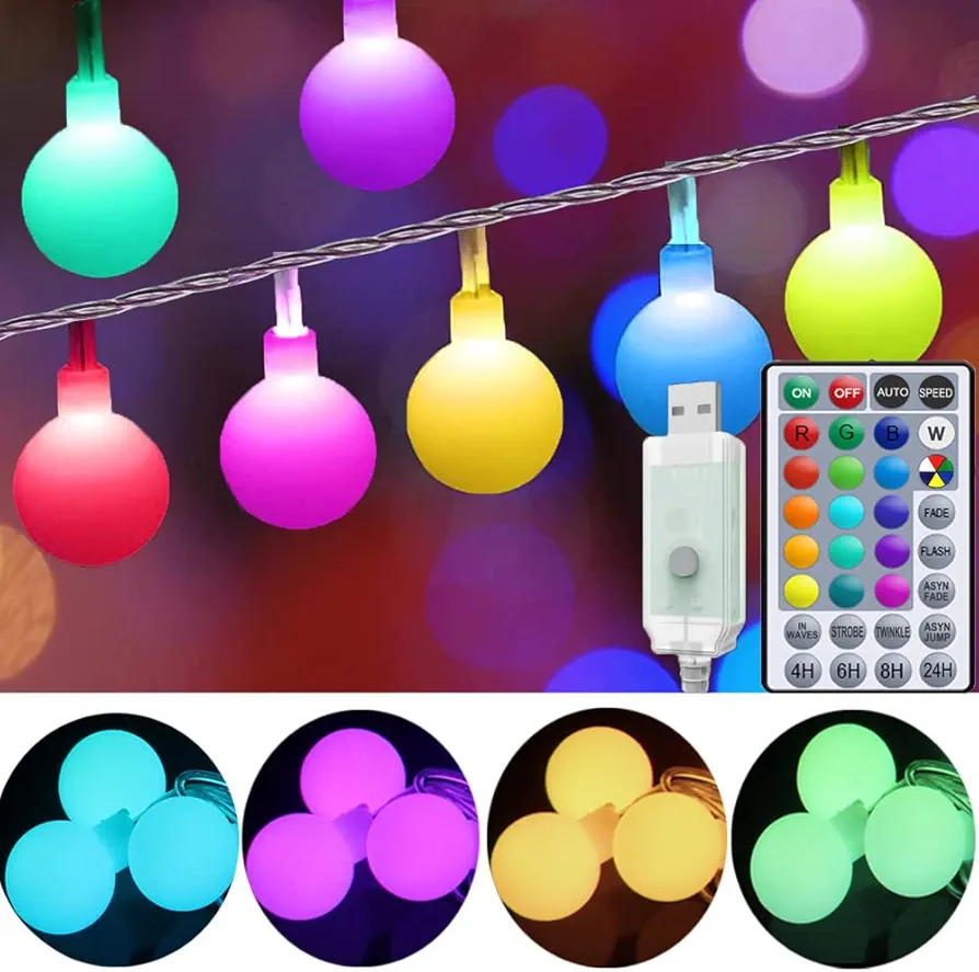 40ft Color Changing String Lights Indoor, 120 LEDs RGB Xmas Globe String Lights for Kids Bedroom, USB Hanging Lights with Remote for Girls Room Classroom Decor