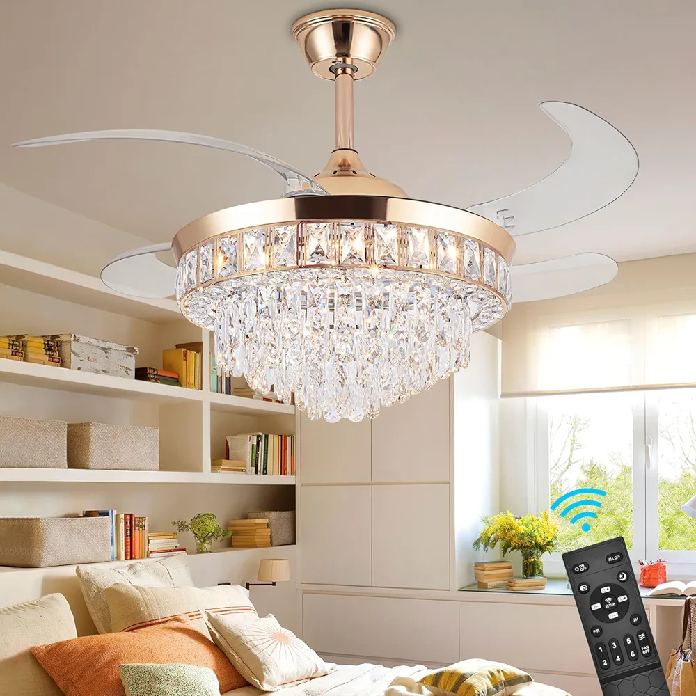 Crystal Ceiling Fan with Light,42Inch Gold Crystal Fandelier, Modern Stepless Dimmable Chandelier Fan with Remote Control 6 Speeds Retractable Ceiling Fan Indoor for Bedroom Living Room Dining Room