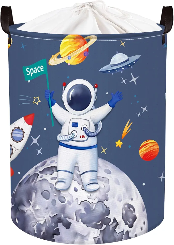 Clastyle 45L Space Astronaut Rockets Kids Laundry Hamper Planets Stars Blue Round Toy Clothes Storage Basket for Children Room, 14.2x17.7 in