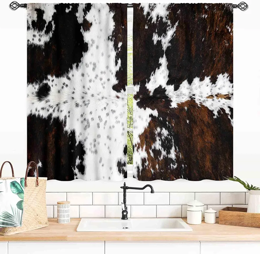 Cow Print Curtains, Rustic Brown Cowhide Cow Printed Pattern Farmhouse Western Blackout Small Curtains for Bedroom Living Room Kitchen Highland Cow Skin Fur Window Treatments 2 Panel, 55x39 Inch