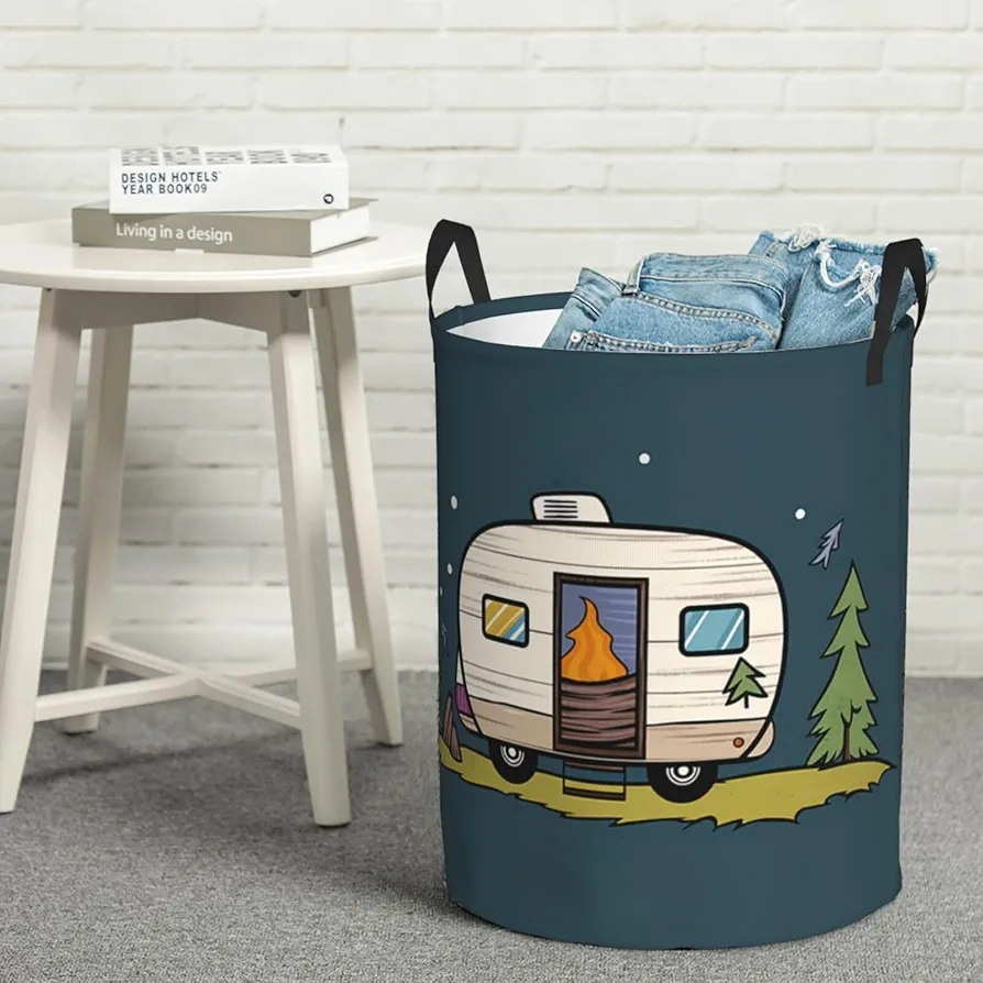 Large Laundry Basket Happy Camper Laundry Hamper Collapsible Laundry Baskets Freestanding Waterproof Laundry Bag for Bedroom Bathroom Laundry Room